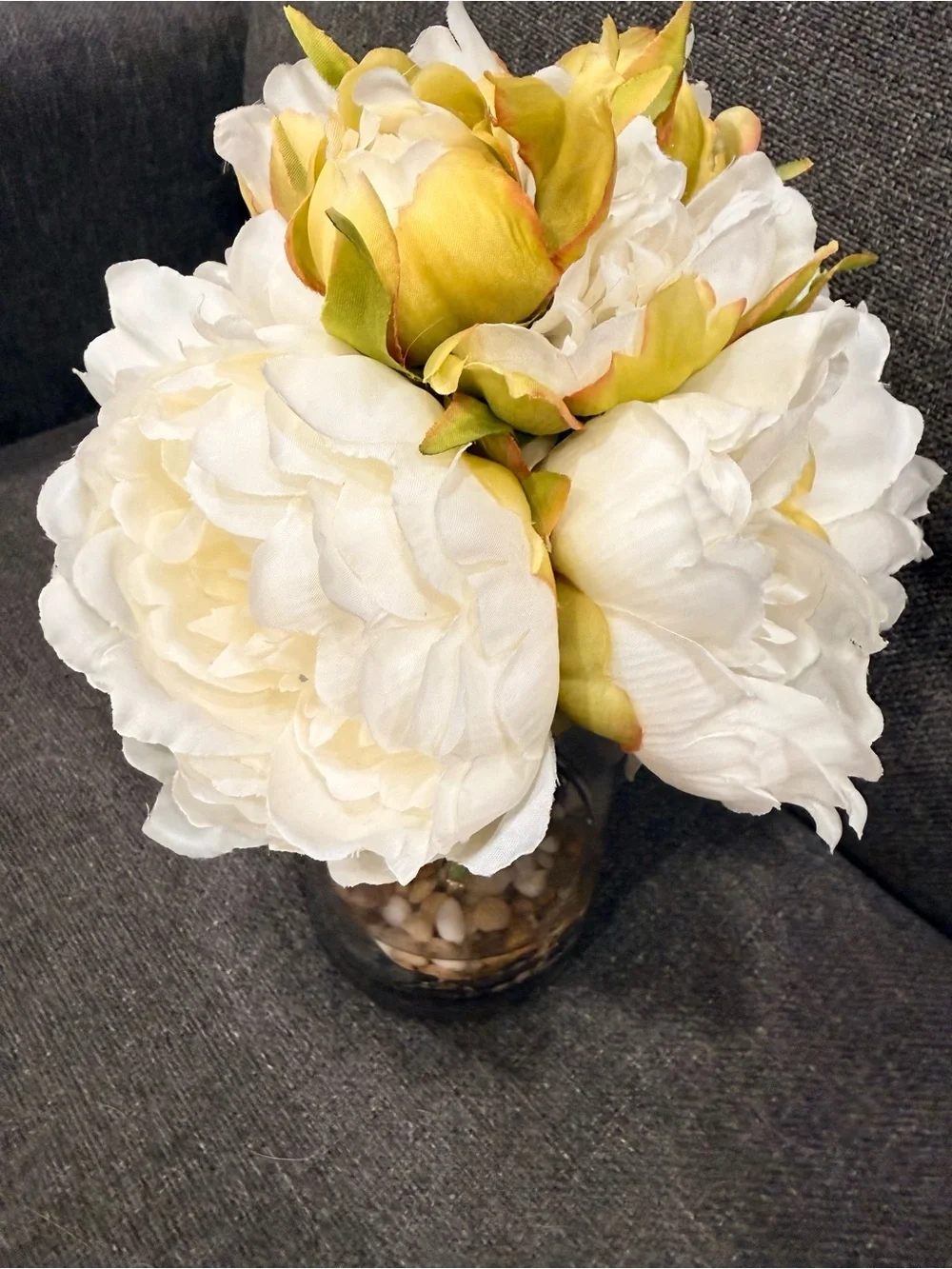 Enova Home Cream Artificial Silk Peony Bouquet in Clear Glass Vase